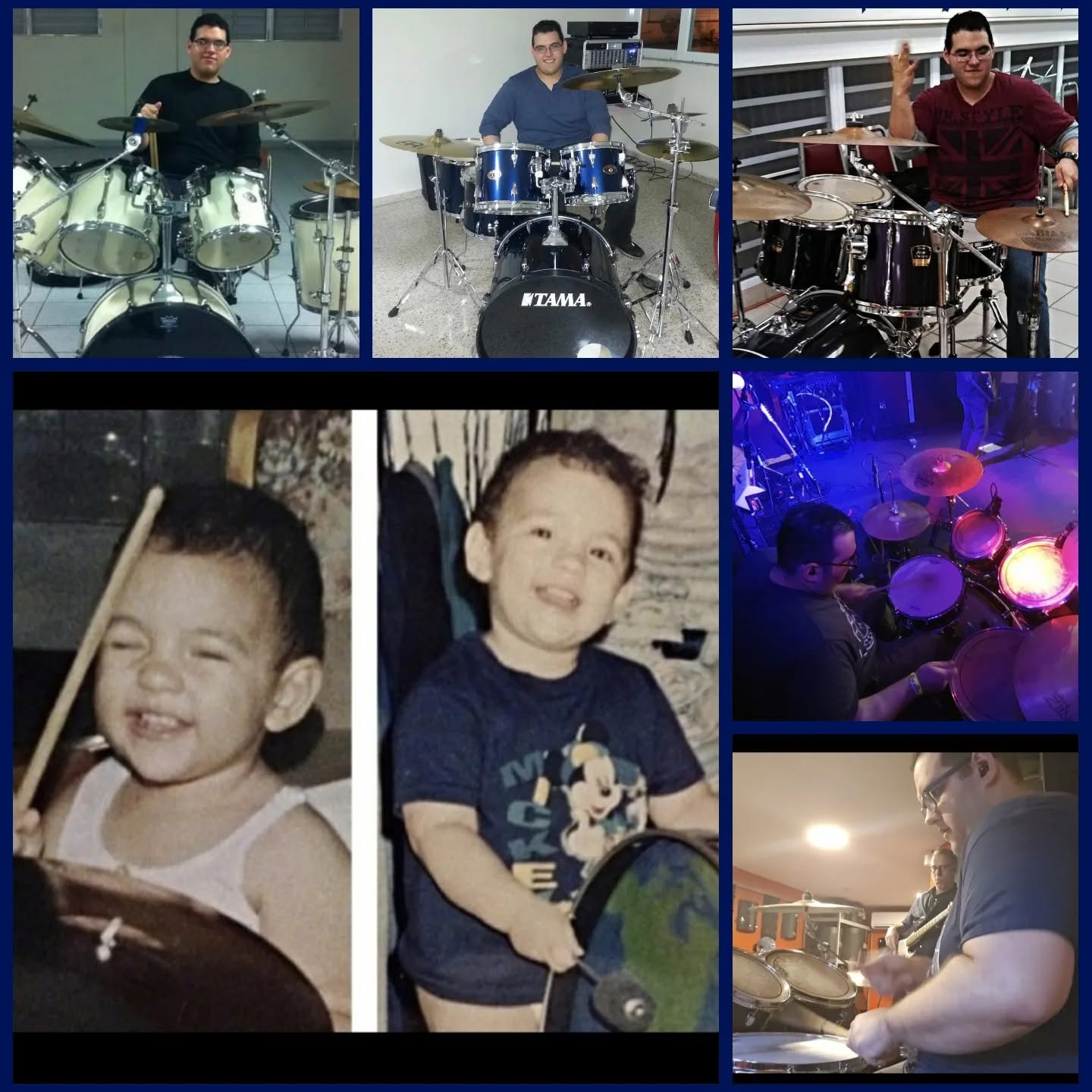 Collage of Peter Rodriguez drumming from childhood to recent performances